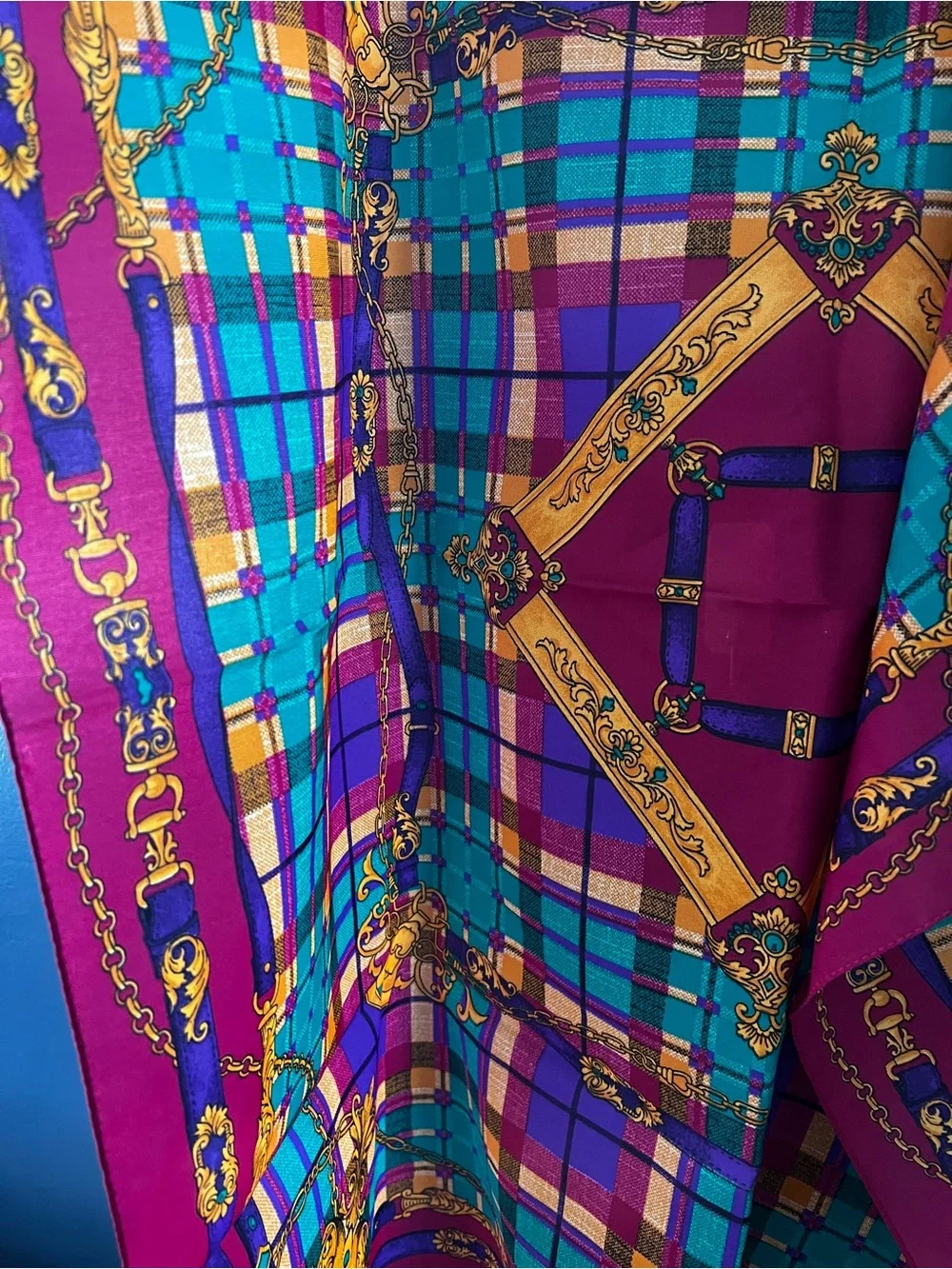 Vintage 80s 90s Italian Baroque Plaid Chain Square Scarf
